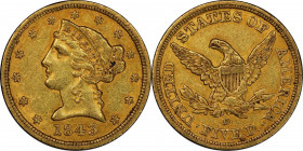 1843-D Liberty Head Half Eagle. Winter 9-F. Small D. AU-55 (PCGS). CAC.
Handsome honey-orange surfaces display a sharp strike in most areas as well a...