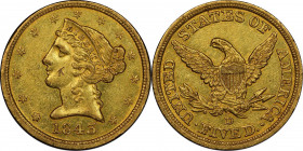 1843-D Liberty Head Half Eagle. Winter 10-G. Medium D. AU Details--Scratch (PCGS).
Pretty golden-olive color and abundant frosty mint luster provide ...