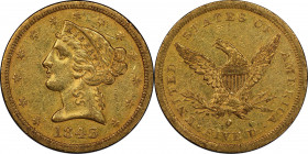 1843-O Liberty Head Half Eagle. Small Letters. Winter-2. Die State I. AU-53 (PCGS).
This endearing olive-orange example is sharply struck in most are...