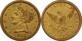 1843-O Liberty Head Half Eagle. Large Letters. Winter-1, the only known dies. Late Die State. AU-50 (PCGS). CAC.
Medium golden-honey color greets the...
