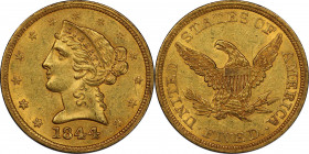 1844 Liberty Head Half Eagle. MS-61 (PCGS). CAC.
A fully impressed, razor sharp example that also sports bright frosty luster. Pleasing honey-apricot...
