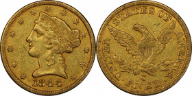1844-C Liberty Head Half Eagle. Winter-1, the only known dies. Die State III. EF-45 (PCGS). CAC.
Warm honey-gold with a tinge of olive color, this is...
