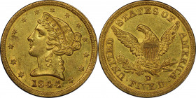 1844-D Liberty Head Half Eagle. Winter 11-G. AU-58 (PCGS). CAC.
This gorgeous example exhibits vivid golden-olive color and nearly full mint frost. T...