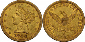 1844-O Liberty Head Half Eagle. Winter-3. AU-58 (PCGS). CAC.
Pleasing honey-gold surfaces are highly lustrous for the grade with most design elements...
