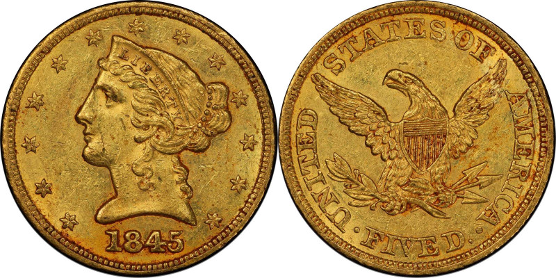 1845 Liberty Head Half Eagle. MS-61 (PCGS). CAC.
A sharply struck and richly or...