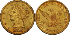 1845 Liberty Head Half Eagle. MS-61 (PCGS). CAC.
A sharply struck and richly original example with full mint frost throughout. Dominant medium gold c...