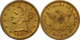 1845-D Liberty Head Half Eagle. Winter 13-H. AU-55 (PCGS). CAC.
Tinges of orange-apricot enliven otherwise dominant honey-gold color on both sides of...