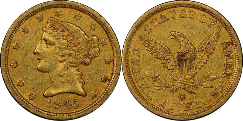 1845-O Liberty Head Half Eagle. Winter-1, the only known dies. AU-55 (PCGS). CAC...