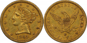 1845-O Liberty Head Half Eagle. Winter-1, the only known dies. AU-55 (PCGS). CAC.
Vivid pinkish-apricot highlights blend with dominant honey-gold col...