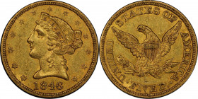 1846 Liberty Head Half Eagle. Large Date. AU-58 (PCGS). CAC.
Frosty near-Mint surfaces are further enhanced by attractively original color in warm ol...