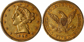 1846 Liberty Head Half Eagle. Small Date. AU-50 (PCGS). CAC.
This is the scarcer date logotype of the issue, represented here by a richly original AU...