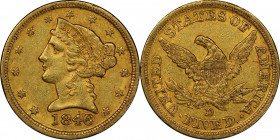 1846-D Liberty Head Half Eagle. Winter 15-H. AU-55 (PCGS). CAC.
Wonderfully original surfaces exhibit gorgeous honey-orange color overall. This is a ...