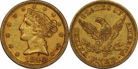 1846-D/D Liberty Head Half Eagle. Winter 16-J. AU-55 (PCGS).
Attractive, fully original surfaces display a blend of deep honey-olive and warm reddish...