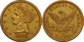 1846-O Liberty Head Half Eagle. Winter-1. AU-55 (PCGS). CAC.
Rich olive-gold and pale apricot colors blend with considerable frosty mint luster on bo...