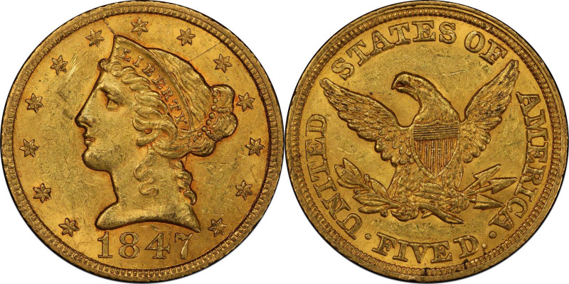 1847 Liberty Head Half Eagle. MS-61 (PCGS). CAC.
Original honey-golden surfaces...