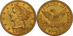 1847 Liberty Head Half Eagle. MS-61 (PCGS). CAC.
Original honey-golden surfaces are enhanced by tinges of pale orange-apricot. Softly frosted in text...