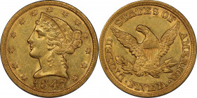 1847 Liberty Head Half Eagle. Breen-6570. Repunched Date. AU-58 (PCGS). CAC.
A fully original example with bright golden-honey color and plenty of mi...