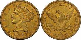 1847-C Liberty Head Half Eagle. Winter-1. AU-55 (PCGS). CAC.
A richly original, olive-orange example with plenty of frosty mint luster remaining to b...