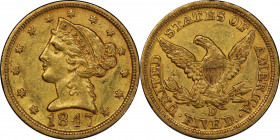 1847-D Liberty Head Half Eagle. Winter 19-I. AU-55 (PCGS).
A frosty medium gold example with blended olive highlights. This is a sharply struck and p...
