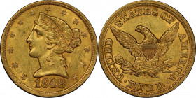 1848 Liberty Head Half Eagle. AU-58 (PCGS). CAC.
A beautiful golden-honey example that features lively mint luster and sharp striking detail. The 184...