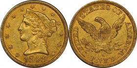 1848-C Liberty Head Half Eagle. Winter-1, the only known dies. AU-55 (PCGS).
Attractive deep honey color is seen on both sides, accented by plenty of...