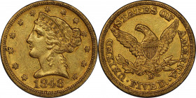 1848-D/D Liberty Head Half Eagle. Winter 22-O. Die State I. AU-55 (PCGS). CAC.
A rare and exciting offering for the Southern gold variety enthusiast....