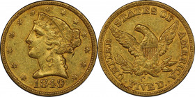 1849-C Liberty Head Half Eagle. Winter-2. AU-55 (PCGS). CAC.
Subtle pale silver tinting enhances otherwise dominant honey-olive color for this attrac...