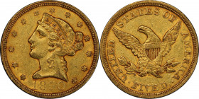 1850 Liberty Head Half Eagle. AU-58 (PCGS). CAC.
Glints of peripheral orange-apricot enhance otherwise deep honey-olive color on both sides of this r...