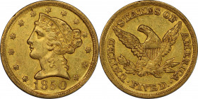1850-D Liberty Head Half Eagle. Winter 28-U. AU-58 (PCGS).
Frosty medium gold surfaces are uncommonly smooth for a lightly circulated Dahlonega Mint ...