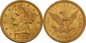 1851 Liberty Head Half Eagle. MS-63 (PCGS). CAC.
Here is an attractive and seldom offered Choice Uncirculated example of this underappreciated No Mot...