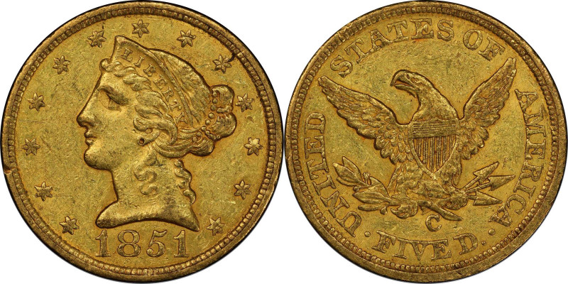 1851-C Liberty Head Half Eagle. Winter-1. AU-55 (PCGS). CAC.
Lovely olive-gold ...