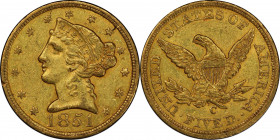 1851-C Liberty Head Half Eagle. Winter-1. AU-55 (PCGS). CAC.
Lovely olive-gold color with intermingled honey-apricot that is a bit more pronounced on...