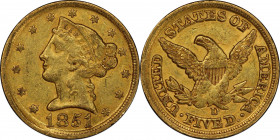 1851-D Liberty Head Half Eagle. Winter 31-W. AU-55 (PCGS). CAC.
An exciting example of the issue, this is an original, CAC-approved Choice AU coin wi...