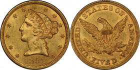 1852 Liberty Head Half Eagle. MS-62 (PCGS). CAC.
Frosty pinkish-honey surfaces are sharply struck and exceptionally smooth for the assigned grade. De...