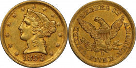 1852-D Liberty Head Half Eagle. Winter 32-V. AU-58 (PCGS). CAC.
Enticing reddish-rose highlights enliven a base of warmer olive-honey color. This is ...