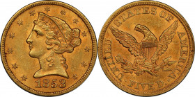 1853 Liberty Head Half Eagle. MS-62 (PCGS). CAC.
Vivid reddish-rose iridescence enlivens otherwise deep honey-gold color. Both sides are fully froste...