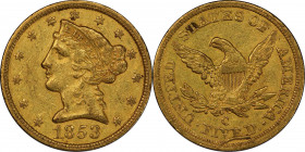 1853-C Liberty Head Half Eagle. Winter-2. Late Die State. AU-55 (PCGS). CAC.
This lustrous and frosty Choice AU example is enhanced by richly origina...