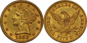 1853-D Liberty Head Half Eagle. Winter 34-Y. Large D. MS-60 (PCGS). CAC.
Here is a rare and highly desirable Mint State Dahlonega half eagle. Attract...