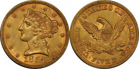 1854 Liberty Head Half Eagle. MS-62 (PCGS). CAC.
Uncirculated preservation is notable for this otherwise readily obtainable 1850s half eagle issue. B...