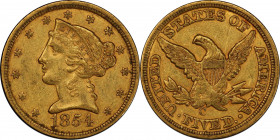 1854-C Liberty Head Half Eagle. Winter-1. AU-55 (PCGS). CAC.
A handsome and inviting piece with subtle silvery highlights to dominant deep honey-rose...