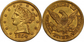 1854-D Liberty Head Half Eagle. Winter 36-AA. Large D. AU-58 (PCGS). CAC.
Subtle orange-apricot color blends with deeper honey-gold on both sides of ...