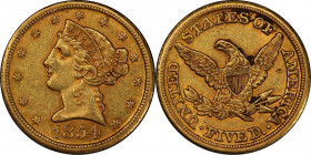 1854-D Liberty Head Half Eagle. Winter 37-DD. Weak D. AU-55 (PCGS).
An intriguing and rare Weak D example of the 1854-D half eagle. The obverse is Wi...