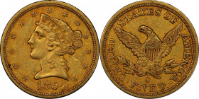 1854-O Liberty Head Half Eagle. Winter-1. AU-55 (PCGS). CAC.
A beautiful olive-orange example with smartly impressed design elements and nearly full,...