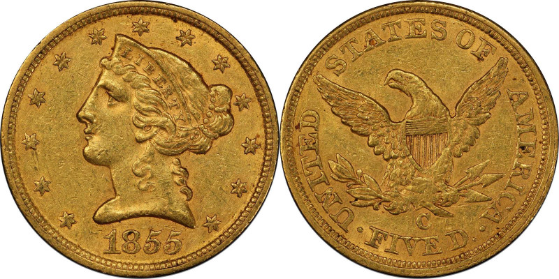 1855-C Liberty Head Half Eagle. Winter-1, the only known dies. Die State I. AU-5...