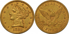 1855-C Liberty Head Half Eagle. Winter-1, the only known dies. Die State I. AU-55 (PCGS). CAC.
This charming honey-orange and reddish-gold example of...