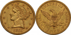1855-S Liberty Head Half Eagle. AU-55 (PCGS).
Glints of pinkish-rose iridescence enliven otherwise deep honey-gold surfaces on both sides of this ric...