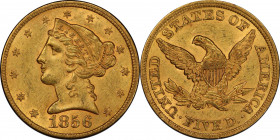 1856 Liberty Head Half Eagle. MS-62 (PCGS). CAC.
Appealing frosty surfaces display vivid, original color in deep honey-apricot. Sharply to fully stru...