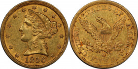 1856-C Liberty Head Half Eagle. Winter-1, the only known dies. MS-60 (PCGS). CAC.
Full, soft mint frost blends with rich honey-orange and olive-gold ...