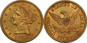 1856-S Liberty Head Half Eagle. MS-61 (PCGS).
Beautiful golden-rose surfaces with full luster in a soft satin to frosty texture. Striking detail is r...