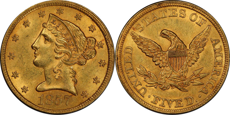 1857 Liberty Head Half Eagle. MS-62+ (PCGS). CAC.
Fully struck with thick satin...
